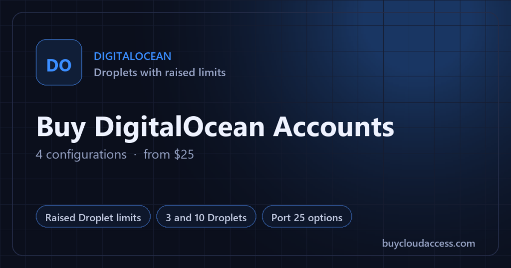 Buy DigitalOcean Accounts summary card: 4 configurations, from USD 25, on BuyCloudAccess