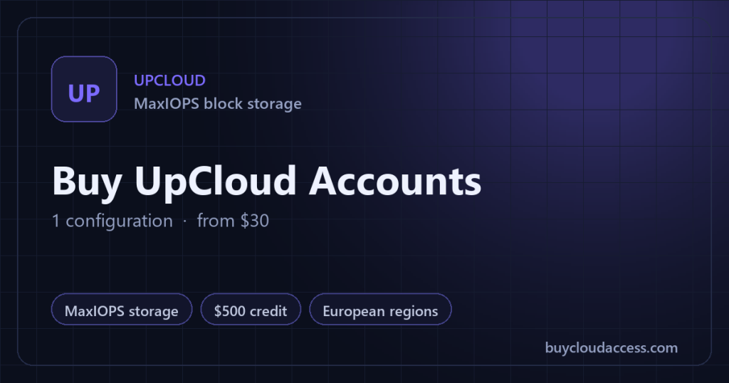Buy UpCloud Accounts summary card: 1 configuration, from USD 30, on BuyCloudAccess